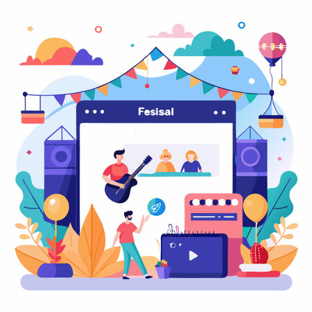 A man with a guitar performs online at a virtual festival.のイラスト素材