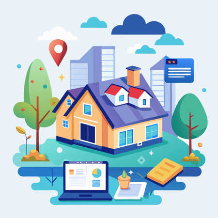 A 3D isometric illustration of a house with a laptop, tablet, and other objects.のイラスト素材