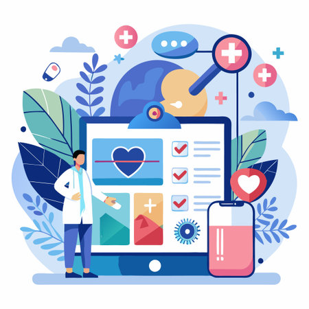 Doctor with a tablet and mobile phone showing a heart beat diagram and checkmarks.のイラスト素材