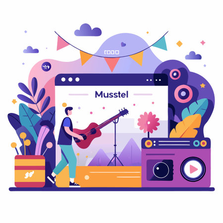 Man playing guitar on a web platform with music streaming concept.のイラスト素材