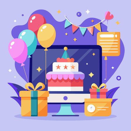 Online Birthday Party with Cake, Balloons, and Gifts.のイラスト素材