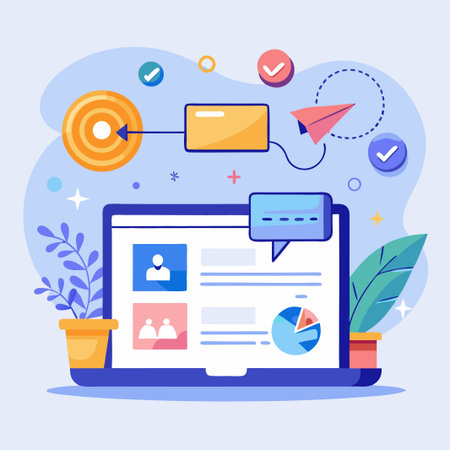 Laptop screen with target, check marks, and paper airplane.のイラスト素材