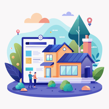 Two People Standing in Front of a House and a Clipboard With an Orange and Blue Color Scheme.のイラスト素材