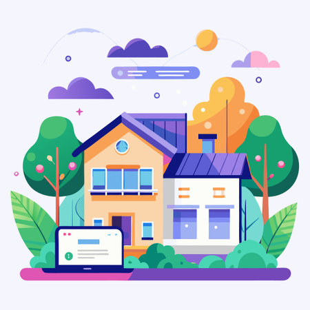 Two-story house with a laptop and trees, sunshine, and clouds in the background.のイラスト素材
