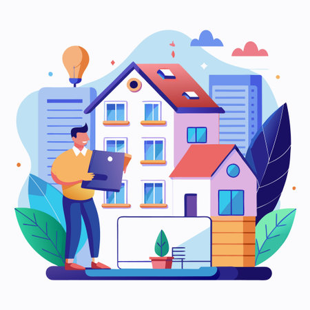 Happy man holding a laptop standing in front of two houses in the city.のイラスト素材