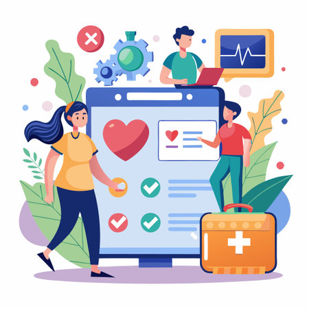 People checking their health on computer screen with heart beat monitor and first aid kit.のイラスト素材
