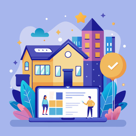 Online real estate platform with a house, people, and a check mark on a laptop screen.のイラスト素材