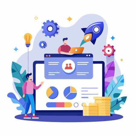 Two men working together on laptop with a rocket launch, a lightbulb, and coins.のイラスト素材