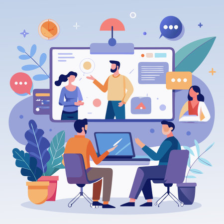 Two colleagues are looking at a video call with two people on screen, one is pointing at the screen.のイラスト素材