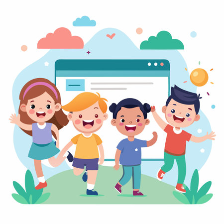 Four happy children stand in front of a computer screen with a blank web page.のイラスト素材