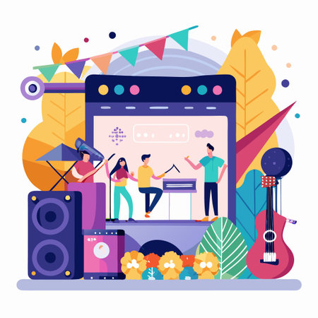 People playing music in a computer screen with a guitar, a speaker, and flowers.のイラスト素材