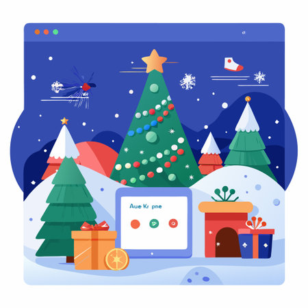 Festive tablet with a Christmas tree and gifts in a winter wonderland.のイラスト素材