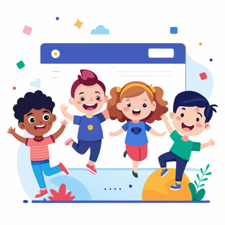 Four happy kids jumping in front of a computer screen.のイラスト素材