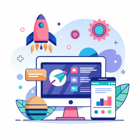 Desktop computer and smartphone with a rocket launching upward.のイラスト素材