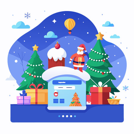 Santa Claus standing on a website decorated with Christmas trees, presents, and a hot air balloon.のイラスト素材