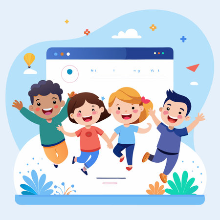 Happy kids jumping in front of laptop screen.のイラスト素材
