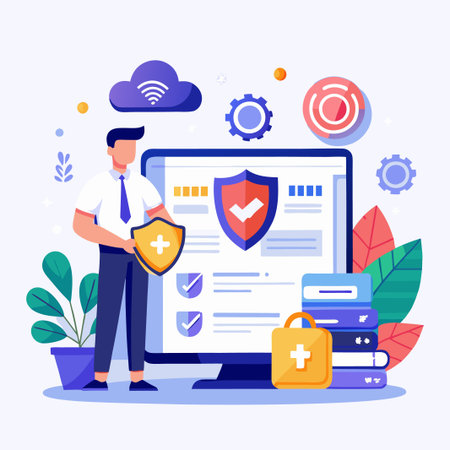 Businessman holding a shield with a plus sign in front of a computer with a shield and a check mark.のイラスト素材