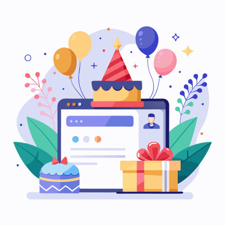 Online birthday party with cake, balloons, and gift.のイラスト素材