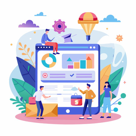 Business people analyzing charts on a big tablet device.のイラスト素材