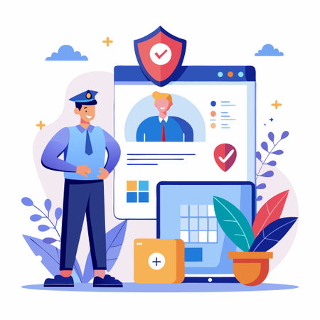 A cartoon police officer stands proudly in front of a computer screen and tablet, both showing secure profile icons.のイラスト素材