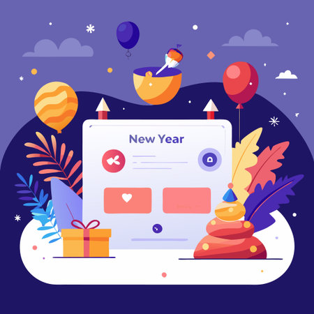 A New Year celebration with a festive background of colorful balloons, fireworks, and confetti.のイラスト素材