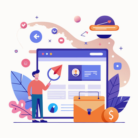 Man with compass and suitcase next to computer screen with dollar sign.のイラスト素材