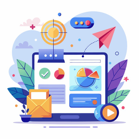 Laptop screen with email, charts, and target goal.のイラスト素材