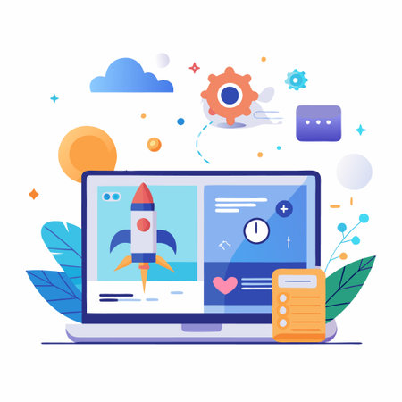 Laptop with Rocket Launch on Screen, Clock, Plus Symbol, Heart, and List.のイラスト素材