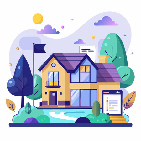 Two-story house with a flag on top, pool, trees, and a tablet with an interface.のイラスト素材