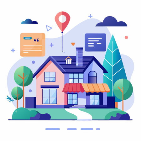 Colorful house with a red awning, trees, and a pin location.のイラスト素材