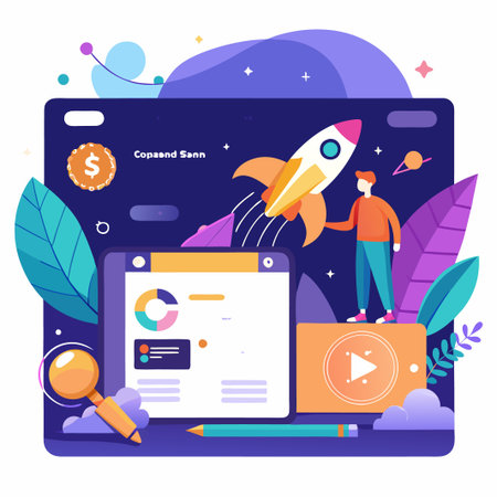 Person launching a rocket in space with a computer screen, a play button, and a pencil beside it.のイラスト素材