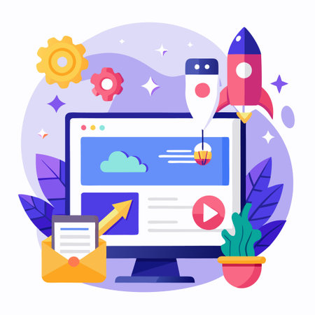 Startup website with a rocket and gears.のイラスト素材