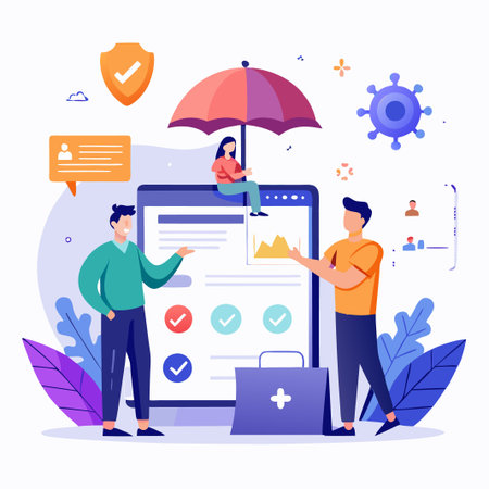 People interacting with a computer displaying a health insurance website under a protective umbrella.のイラスト素材