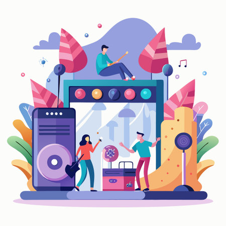 People singing and playing music on stage with phone and speakers.のイラスト素材