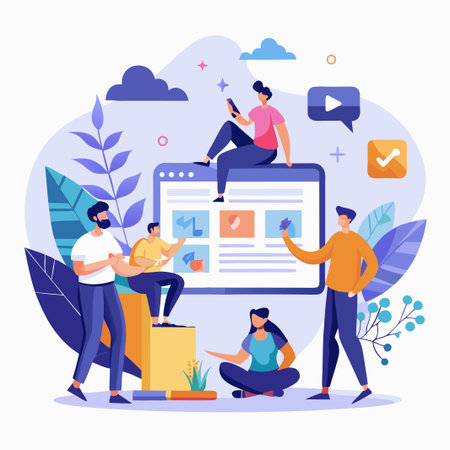 A group of people are gathered around a large computer screen.のイラスト素材