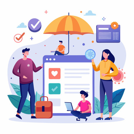 People standing around an online service platform.のイラスト素材