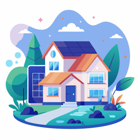 Cartoon illustration of a modern house with solar panels on the roof, surrounded by greenery and a walkway.のイラスト素材