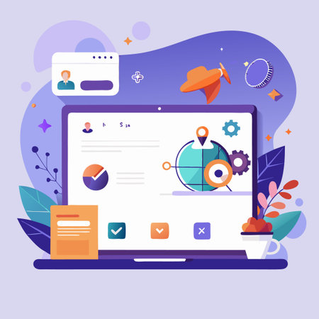 Laptop with a web design for online service on a purple background.のイラスト素材