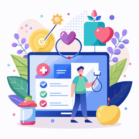 Man using an online health app to monitor his health.のイラスト素材