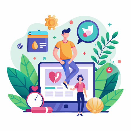 Couple using laptop with heart icon for online dating, healthcare, or love concept.のイラスト素材