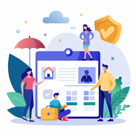 People are checking a home insurance contract, with a house icon, shield, and umbrella, they are looking at the clipboard for more information.のイラスト素材