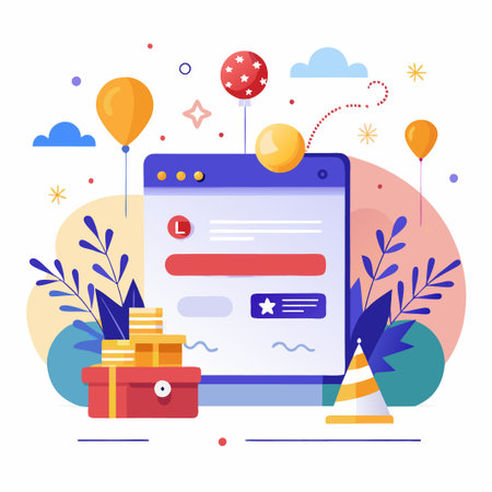 Website with Balloons, Gift, and Coins in Flat Design.のイラスト素材