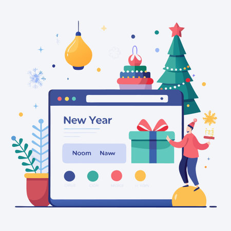 Illustration of a computer screen showing "New Year" with buttons and a man holding a gift box standing on a large yellow ball in front of a Christmas tree.のイラスト素材