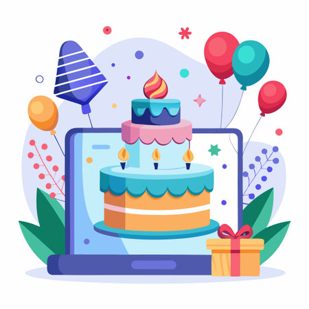 Laptop screen showing a birthday cake with candles and balloons.のイラスト素材