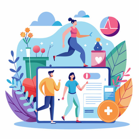 People Working on a Tablet in a Colorful Environment.のイラスト素材