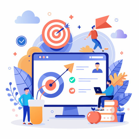 Three people are working together to achieve a common goal. One is flying a paper airplane towards a target, while another is working on a computer. The third person is standing next to a glass of liquid, perhaps a reward for their efforts.のイラスト素材