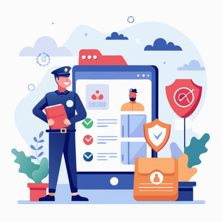 Police officer with a folder stands near a phone with a checked security shield, and beside an open folder with a profile photo.のイラスト素材