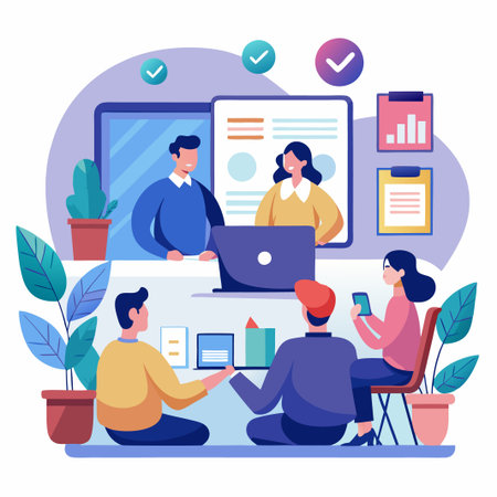 Team of four people working together in office with laptop, smartphone and graphs.のイラスト素材