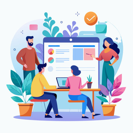 A team of four people are working on a presentation. The woman on the right is presenting while the other three listen and take notes.のイラスト素材