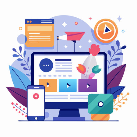 Modern computer screen with a mobile phone, a play button, and a loudspeaker in a simple flat design.のイラスト素材